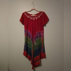 Embroidered Red and Green Women's Boho Flowing Dress